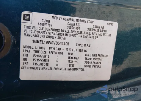 1997 GMC Safari Slx z USA, uszkodzony, nr VIN 1GKEL19W0VB544105